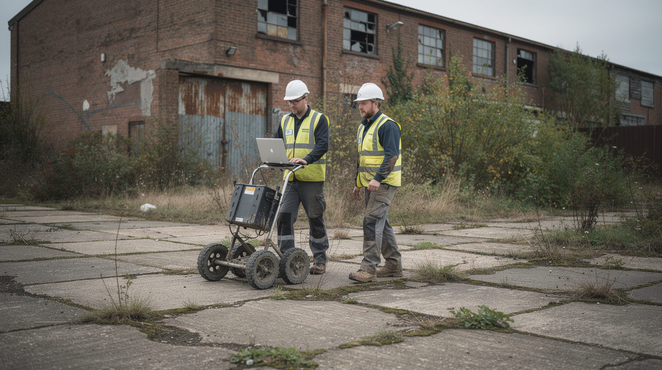 Environmental engineers conducting a land contamination investigation on a former UK industrial site