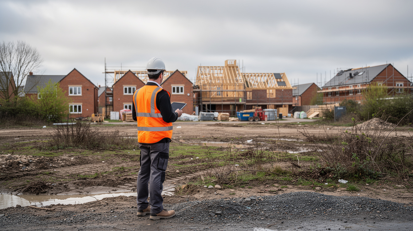 Environmental consultant assessing a UK brownfield development site for a Phase 1 environmental report