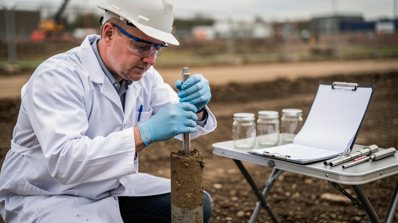 Soil sample being collected from a borehole during a contaminated land soil contamination survey in the UK